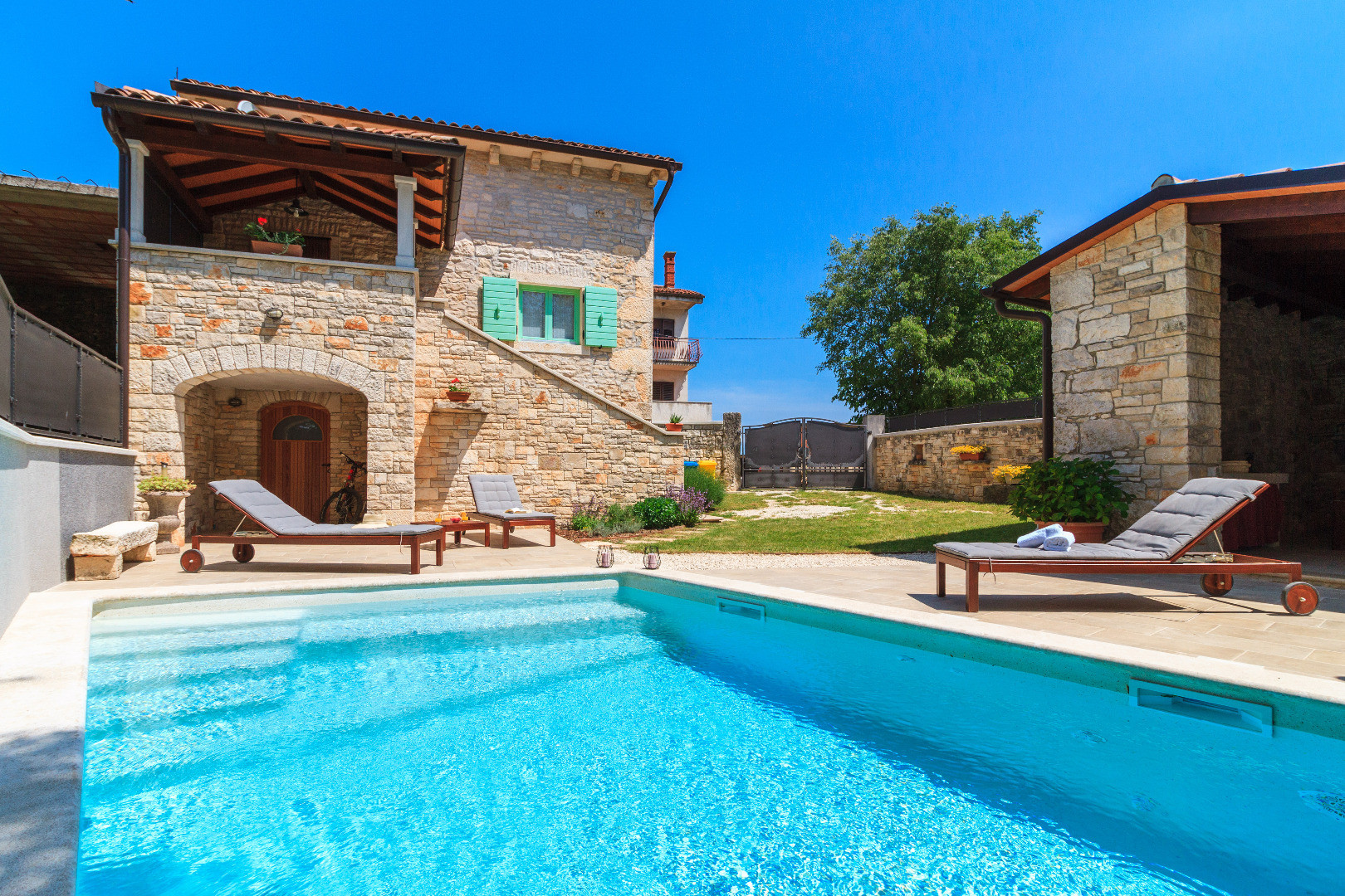 Mediterranean villa exterior at dusk